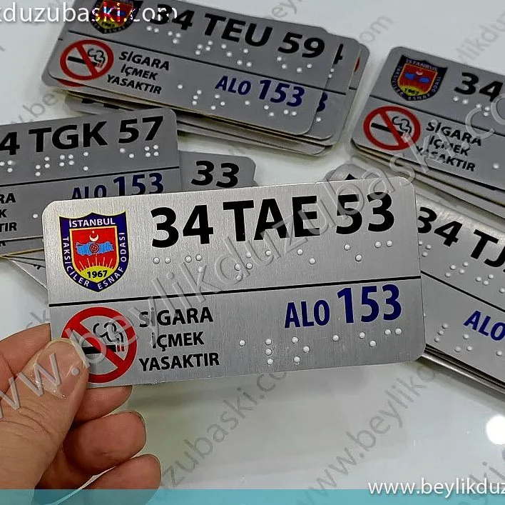 taksi için, metal plaka, kabartma yazı, taksi plakası yazılı baskı, uyarı levhası körler alfabesi baskısı