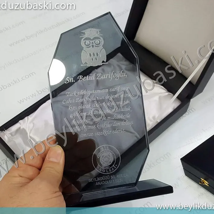 cam plaket, kristal plaket, kutulu plaket, lazer ile kazıma logo ve yazı, bil koleji baskılı kristal plaket, acil plaket baskısı