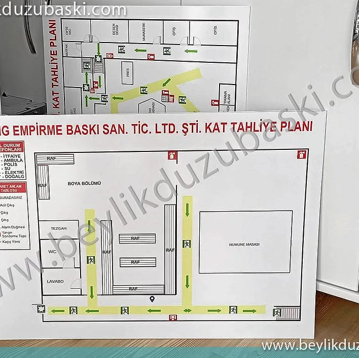 tahliye planı, yangın tahliye planı baskısı, acil tahliye planı uyarı levhası baskısı, fabrikalar için tahliye planı baskısı, 50x70 cm ebadında plastik levha üretimi
