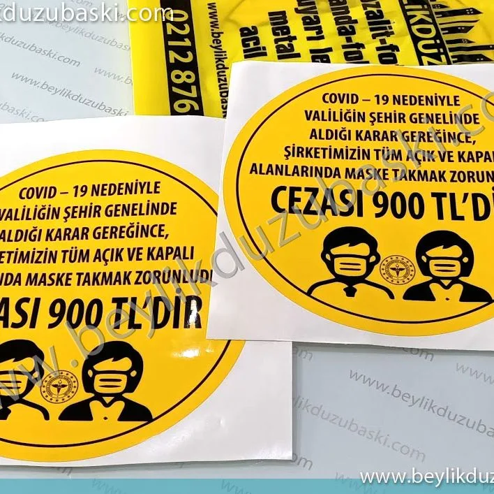 maske takma cezası, yer için virüs maske takma cezası, kaliteli yer etiketi, baskısı, uyarı etiketi yer için, sarı etiket