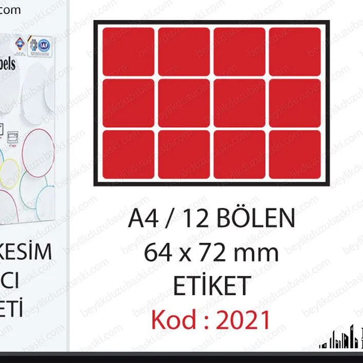 Yazıcı Etiketi, A4 12 ye bölen, 64x72 mm ebadında etiket, kırtasiye ürünü, pakette 100 adet vardır, tanex, herboy etiket, aynı gün kargo, stoktan teslim, ucuz etiket