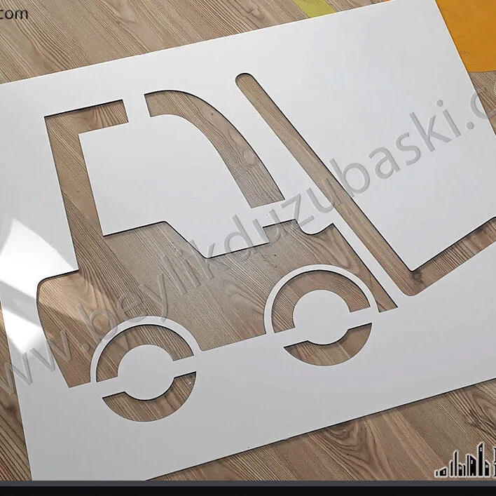 forklift yer boyama şablonu, 90x60 cm ebadında, yer için boyama şablonu, 3 mm plastik malzeme, çok defa kullanılabilir şablon baskı