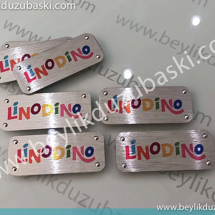 riveted metal plate, logo printed, rivet appearance, half metal application example, decorative metal plate