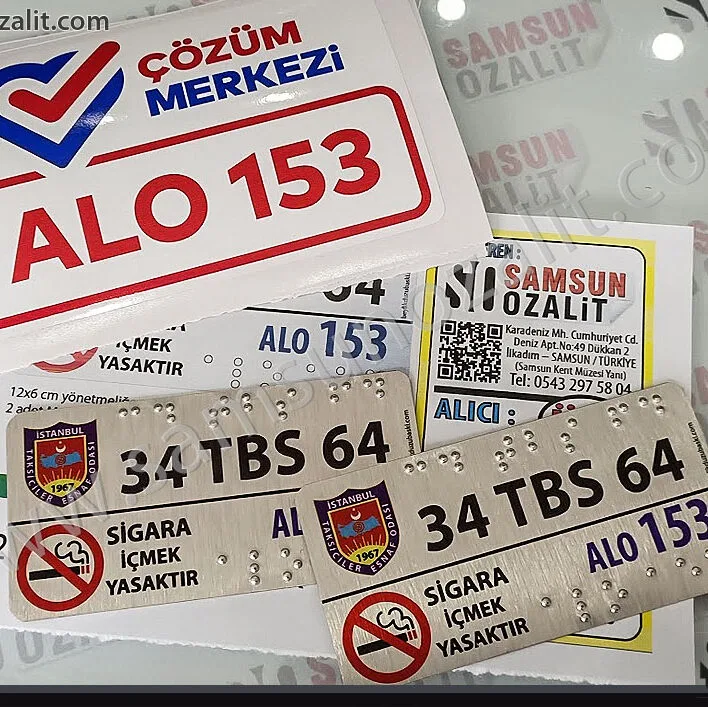 ticari taksi, görme engelli tabelası, alo 153 etiketi, indi bindi etiketi, kamera kaydı etiketi, baskıları yapılmaktadır, ürünler aynı gün gönderim yapılır, ama etiket baskısı, metal plaka