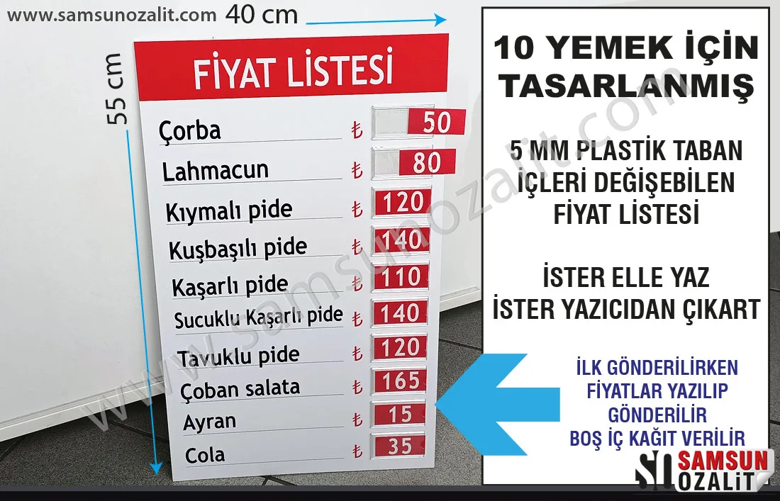 Lokanta için tasarlanmış, fiyatlar değişebilir, 10 yemek çeşidi içeren, lokanta fiyat listesi, tasarım desteği verilir, arkası bantlıdır, fiyatlar değişen, lokanta fiyat listesi