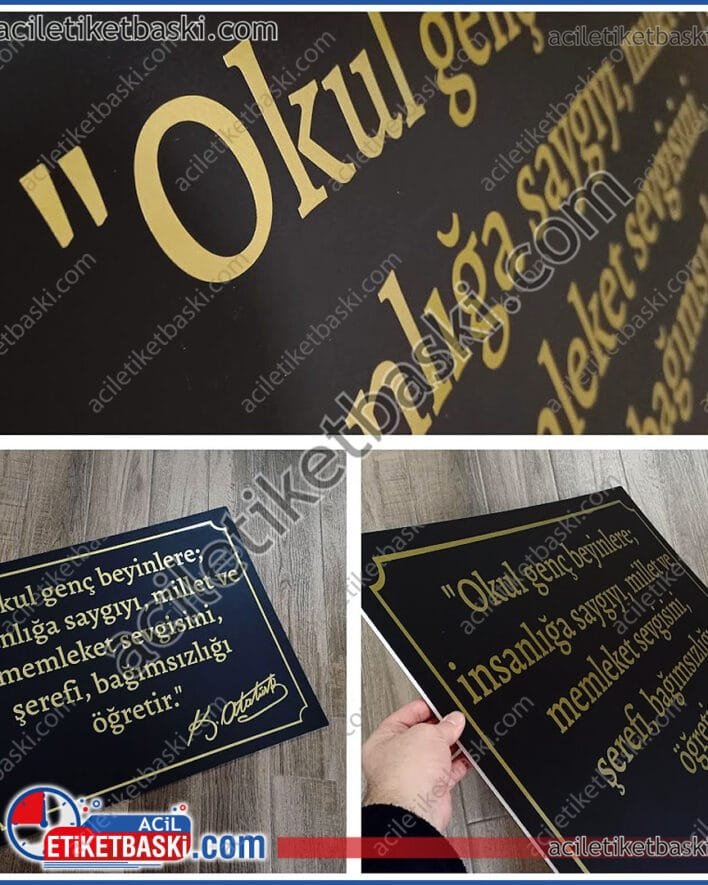 Okul için büst yazısı, atatürk büst ön yazısı, mermer büst için, dış mekan dayanıklı, üzeri altın renk folyo kesim, tabela üretimi, ebat ve adede göre fiyat alınız, acil baskı merkezi, tabela üretim, imalat, uygun fiyat, dış mekan dayanıklı ürün